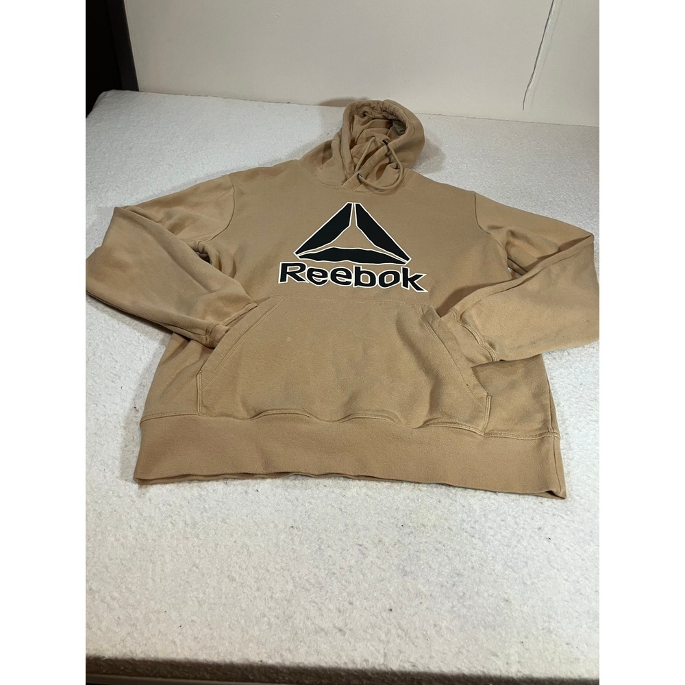 Reebok Delta Logo Fleece Hoodie Tan Khaki Pullover Sweatshirt Mens Size Medium